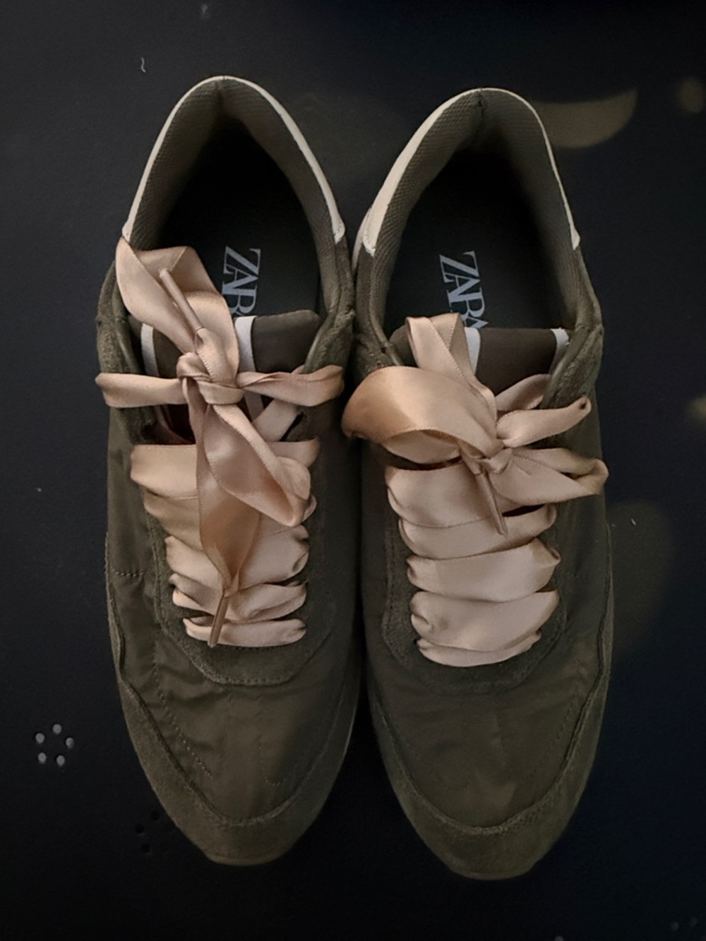 Zara Olive Green Sneakers with Blush Satin Laces